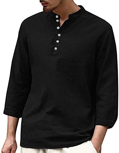 Tenkilo Men 3/4 Sleeve Henley Shirts Banded Collar Linen Summer Beach V Neck Loose Fit Blouse T Shirt