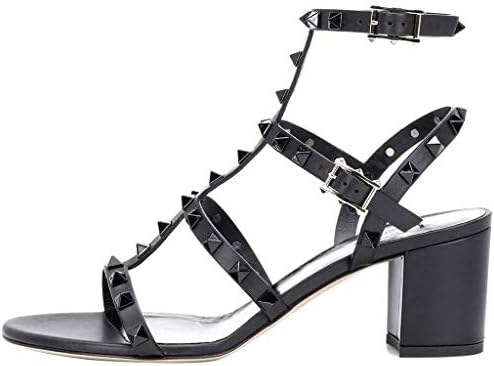Comfity Leather Sandals for Women,Rivets Studded Strappy Block Heels Slingback Gladiator Shoes Cut Out Dress Sandals