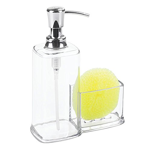InterDesign Vella Foaming Soap Dispenser with Sponge and Scrubby Caddy - Kitchen Sink Organizer, Clear