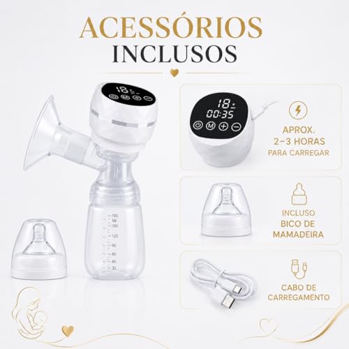 Bomba Tira Leite Elétrica Portátil, Recarregável USB-C, 9 Níveis de Sucção, Modo de Massagem, Livre de BPA, Inclui Mamadeira