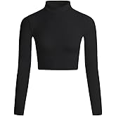 LONGBIDA Women's Long Sleeve Mock Neck Pure Soft Thin Sexy Stretch Crop TOP T Shirt