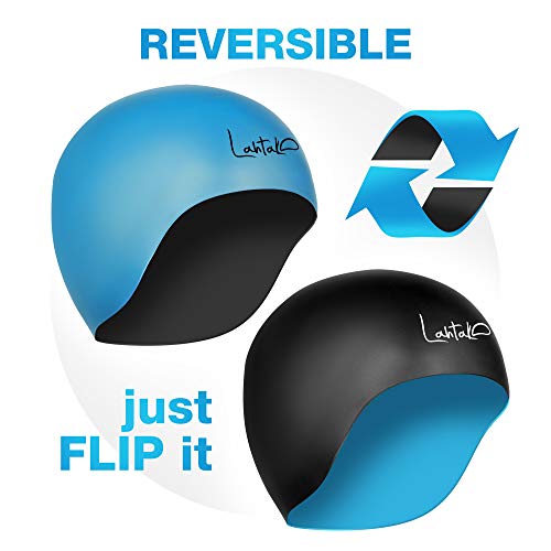Swim Cap Reversible 3D - Swimming Cap Women Men - Silicone Swim Cap Waterproof- Best for Short and Medium Long Hair - Adult Swim Cap - Youth Swim Cap - Swim Hats (Black & Aqua Blue)
