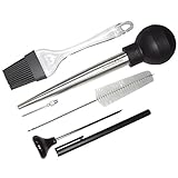Large Turkey Baster Staineless Steel with Syringe, Meat Thermometer Probe Instant Read, Basting Brush, Cleaning Brush - 5 Pc Set - Oven and Dishwasher Safe (Combo)
