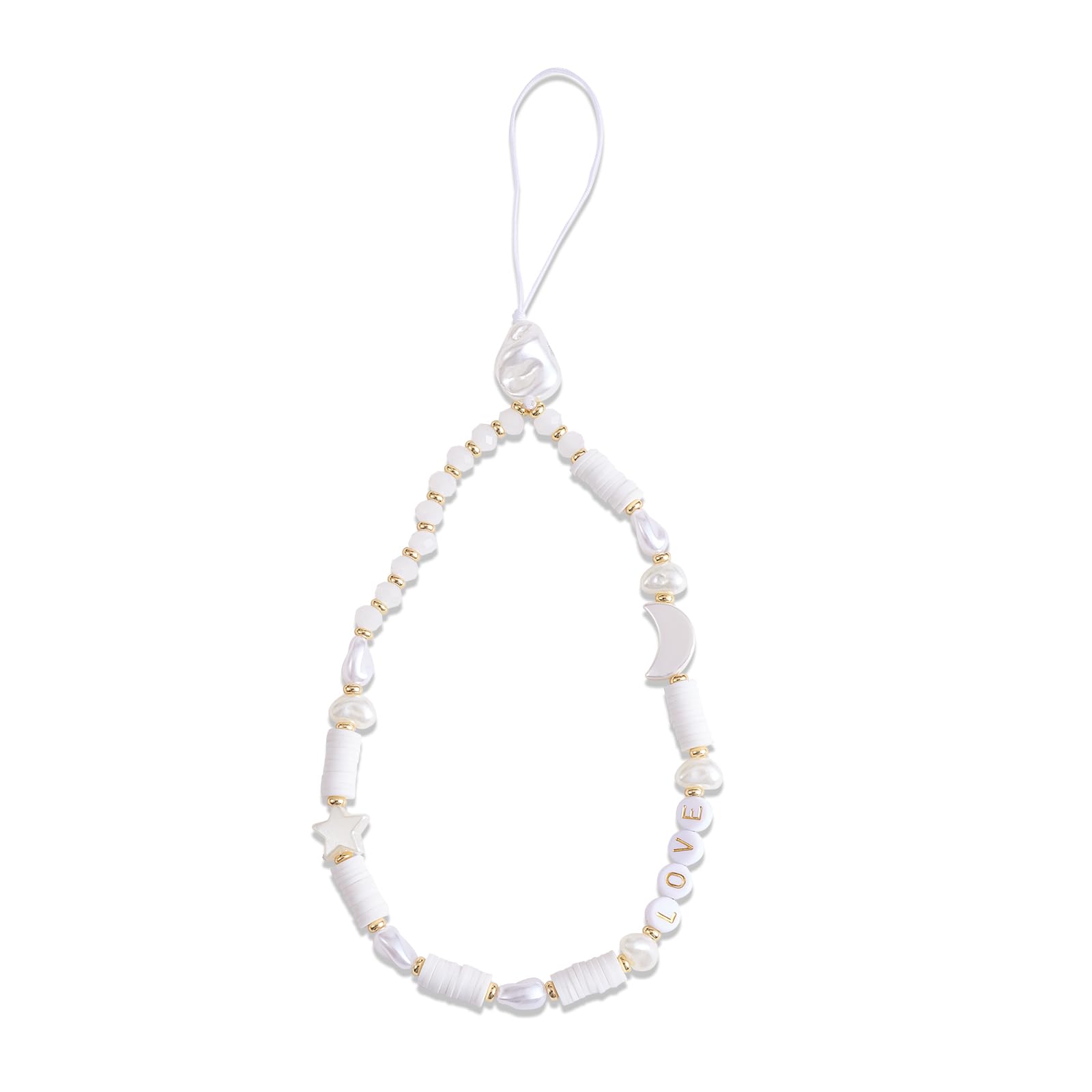 BEEFLYING 1 Pcs Beaded Phone Lanyard Wrist Strap Cute Love Letter Star Moon Beaded Phone Charm Pearl Glass Clay Beaded Phone Lanyard for Car Key Purse Phone Case Wallet Decor(White Love)