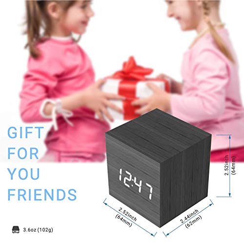 MiCar Digital Alarm Clock, Wood LED Light Mini Modern Cube Desk Alarm Clock Displays Time Date