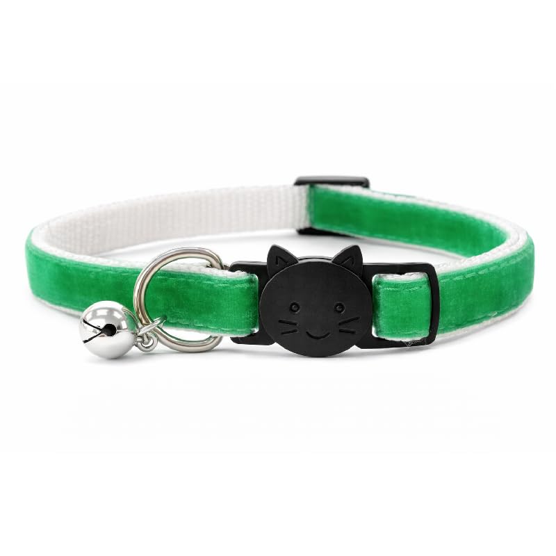Velvet Cat Collars with Bell | Quick Safety Release Breakaway Buckle | Handmade in the UK | Available in Cat & Kitten Size | Green Velvet — image 1