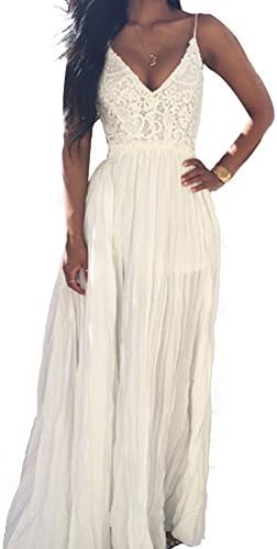 eReeder Women's Sexy Chiffon V Neck Backless Lace Patchwork Spaghetti Strap Maxi Dress,medium,white