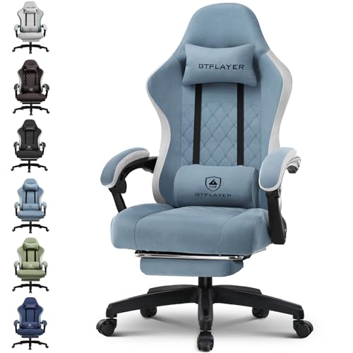 GTPLAYER Gaming Stuhl Ergonomischer Gaming Sessel Schreibtischstuhl mit Stoffoberfläche, Federsitzkissen, Verbindungsarmlehnen und Fußstütze 150KG, He