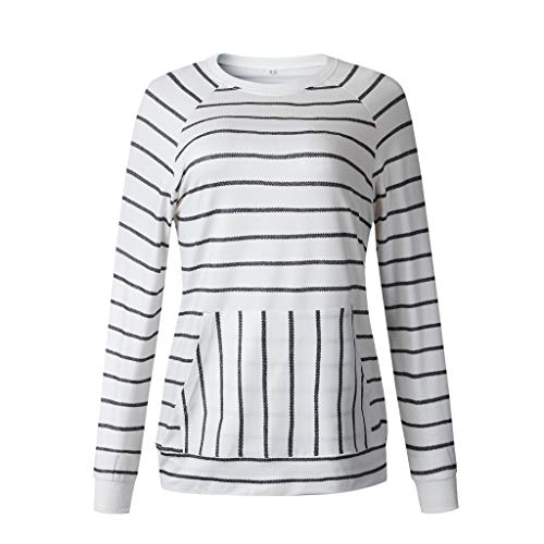 Sanyyanlsy Women's Casual Autumn Stripe Printing Long Sleeve O-Neck Wild Sweatshirt Pullover Tops T-Shirt with Pocket White