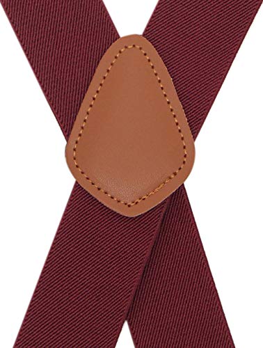 Bioterti Men's Heavy Duty X- Back 1.4 Inch Suspenders with 4 Snap Hooks (Burgundy)