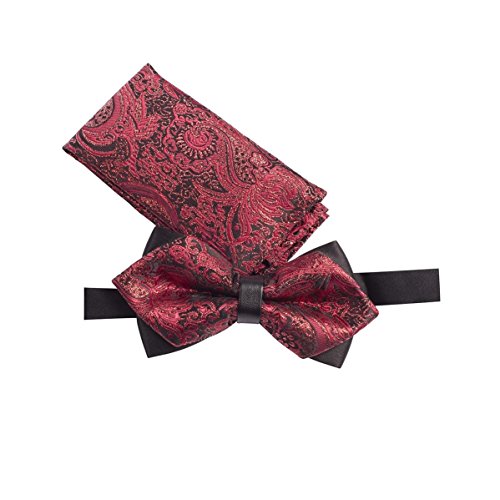 TIE041-Mens Fashion Diamond Tip Bow Tie+Hanky Handkerchief Gift Set in Red Shimmering Pattern