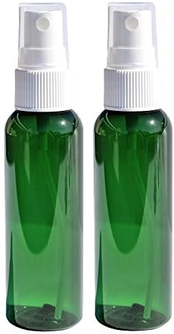 Travel Spray Bottles 2oz. Green PET Plastic Sets with White Fine Misting Sprayers for Essential Oils, Aromatherapy, Perfumes, Bug Repellant, Liquids (2)