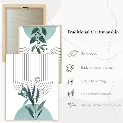 hyidecorart Wooden Frame Boho Sage Green Pictures Decoration Living Room Modern, 3 Pieces Abstract Lines Nordic Simplicity Plant Leaves Bedroom Kitchen Dining Room Office and Bathroom