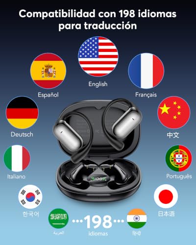 Pviwzux AI Auriculares Traductor en Tiempo Real, 8 Modos Traducción con 198 Idiomas, 3 en 1 Auriculares Traductores de Idiomas, 60H Cascos Oreja Abierta Bluetooth 6.1 para Viajes, Reuniones Negro