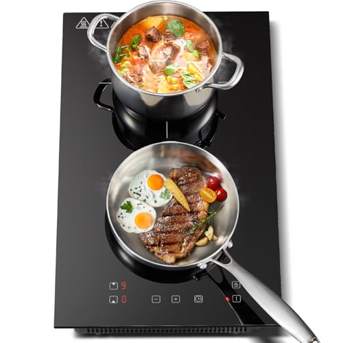 KICHPOWER Induktionskochfeld 2 Platten 3300W, Induktionsplatte Doppelt Einbau 30cm, Touch-Steuerung, Schwarz Kristallglas, 9 Heizstufen, Boost-Funktio