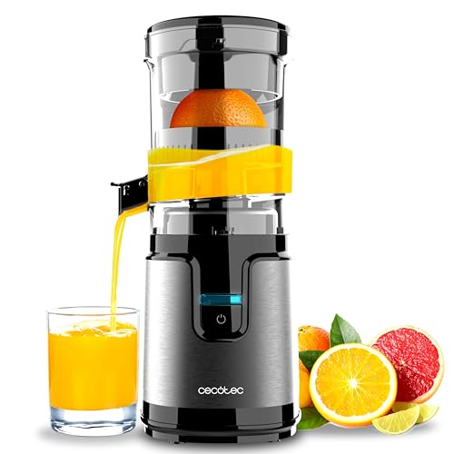 Cecotec Exprimidor de Naranjas Eléctrico de Torre Essential TowerAdjust Easy Steel. 140W, Capacidad de 0,35L, Incluye un Filtro y un Cono de Plástico, Única Dirección de Rotación, Desmontable