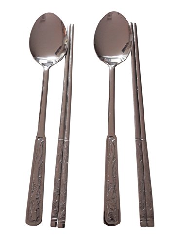 2 sets Korean Traditional Cutlery Ginseng engraved Stainless Steel Spoons and Chopsticks with Pouch