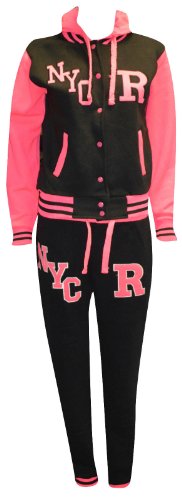 Ladies Neon Pink Varsity Style Hooded Baseball Tracksuit Jacket Top and Bottoms