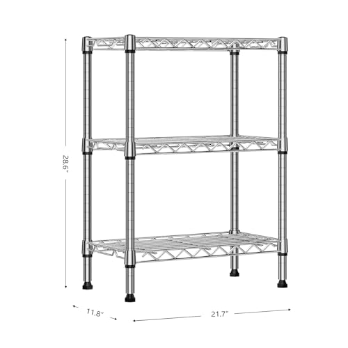 M MZG Metal Shelving Unit with 3 Levels, Load Capacity 340 kg, Adjustable Shelves for Kitchen, Bathroom, Pantry and Office, Study, Chrome, 30 x 55 x 72.5 cm