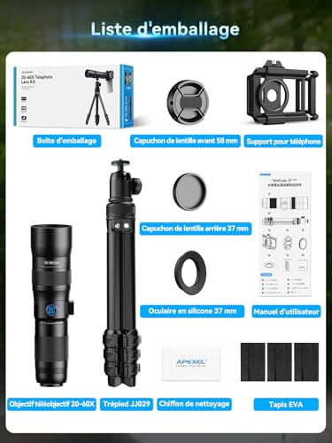 APEXEL Longue-vue Professionnelle 20-60X pour Ornithologie avec Adaptateur Smartphone - Équivalent 480-1440mm, Zoom Compact