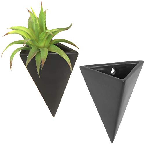 MyGift Pyramid Black Ceramic Wall-Mounted Sconce-Style Succulent Planter Vases, Set of 2