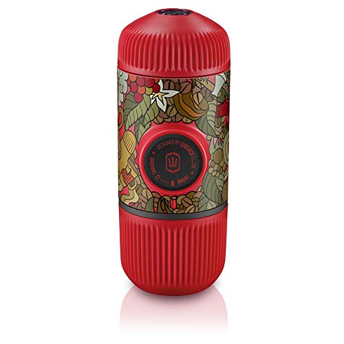 Wacaco Nanopresso Portable Espresso Maker bundled with Protective Case, Tattoo Jungle Patrol Edition, Extra Small Travel Coffee Maker, Manually Operated Perfect for Travel, Camping, Office(Red)