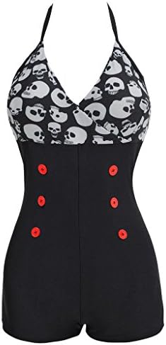 GSHappyGo Women's Skull Inspired Boy-Leg One Piece Ruched Monokinis Swimsuits Black US 14-16