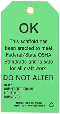 Brady 86682 5-3/4" Height, 3" Width, B-853 Cardstock, Black On Green Color Scaffolding Tag (Pack Of 100)