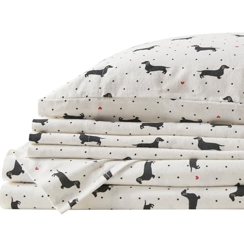 Comfort Spaces Cotton Flannel Breathable Warm, Deep Pocket Sheets with Pillow Case Bedding, Queen, Black Dog 4 Piece
