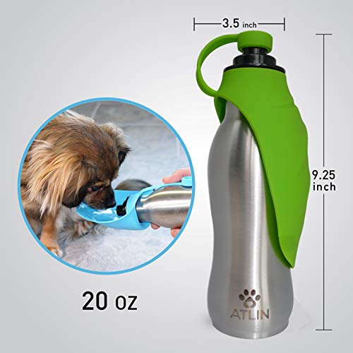 Atlin Dog Water Bottle - 304 Stainless Steel and Silicone - Leak-Proof Dog Bottle is Great for Walking, Hiking, Running and The Dog Park - 20 oz for Large, Medium or Small Dogs
