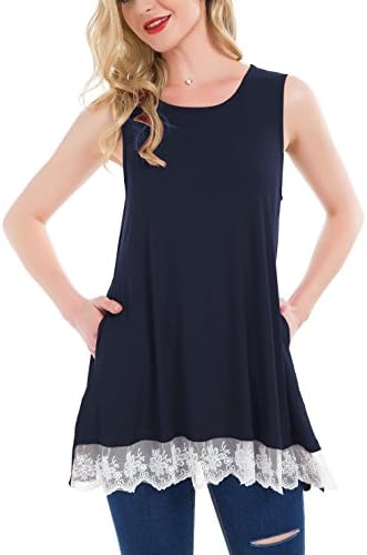 Songbai Women Casual Lace Sleeveless Tunic Top T-Shirt Blouse (M, Sleeveless Navyblue)