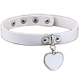 AKOAK Fashion Cool Rock Style Steampunk Punk Goth Heart-Shape Pendant Link PU Leather Collar Choker Necklace(White)