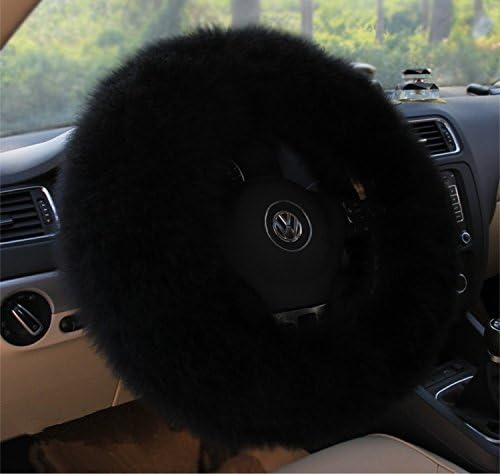Lovingbeauty Real Sheepskin Wool Fur Car Steering Wheel Cover for Girls (Black)