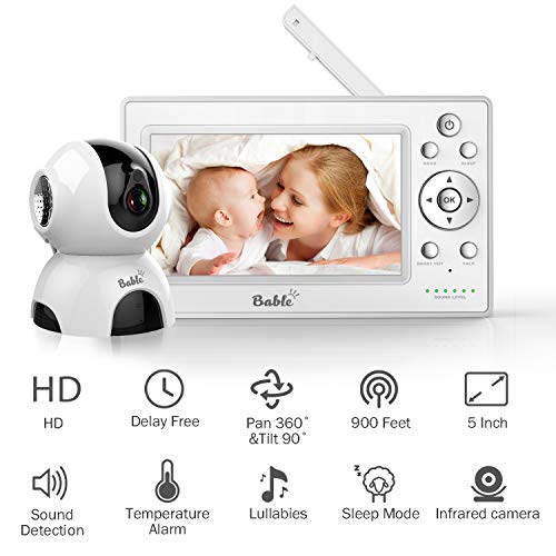 Bable Baby Monitor with Camera, 5 Inch 720P Video Baby Monitor with Infrared Night Vision Camera, Remote Control/Pan 360Ëš & Tilt 90Ëš/ Temperature Monitor/Two-Way Talk/Sound Alarm/Up to 900 feet