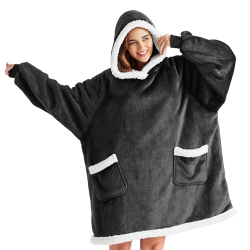 Bedsure Blanket Hoodie, Wearable Blanket for Adults & Kids as Gifts for Women Men, Birthday Gifts for Women Mom Girl Sherpa Oversized Hoodie, Grey Black, Standard