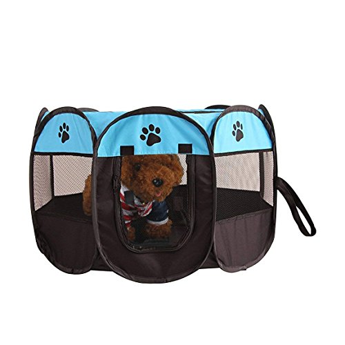 UNFADE MEMORY Portable Foldable Pet Playpen, Indoor/Outdoor, Dog/Cat/Puppy Exercise pen Kennel, Removable Mesh Shade Cover, dog pop up silhouettes pet pen - Blue, M