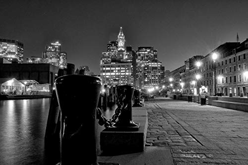 Night Time Boston Photo Waterfront, Long Wharf, Black and White Fine Art Photograph Home or Office