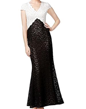 Colorblocked Lace Cap Sleeve Evening Gown Dress