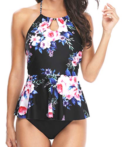 Yonique Halter High Neck Keyhole Tankini Swimsuits for Women Floral Peplum Top with Shorts