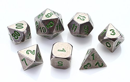 Forged Dice Co. Metal Dice Compatible with RPG games like Dungeons and Dragons, DnD, and Pathfinder (Iron Moss w/ Green Numbers Set of 7 Polyhedral w/ Tin, Set of 7 Polyhedral w/ Tin) - Thumbnail 4