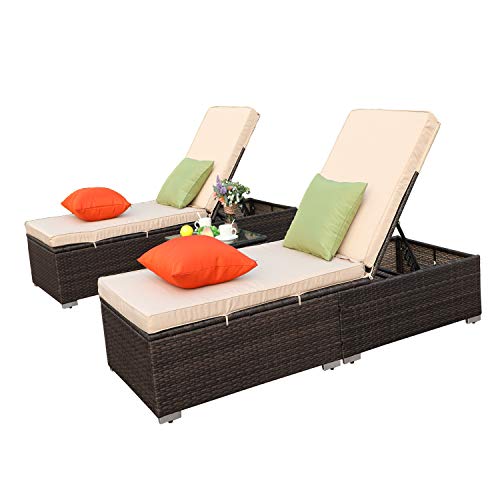 Do4U 3 Pieces Outdoor Chaise Lounge - Easy to Assemble Chaise Longue - Thick & Comfy Cushion Wicker Lounge Chairs Include 1 Table and 2 Chaise Lounge- Mix Rattan with Light Brown Cushion (7333-MIX)