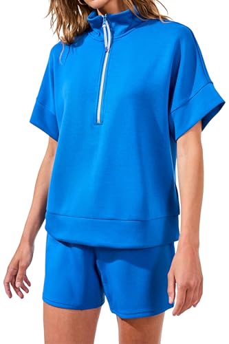 Tribal Women's Sport Short Sleeve 1/2 Zip Mock Neck Athletic Top