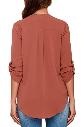 YMING Women's Casual Blouse Chiffon T-Shirt V Neck Shirt Solid Color Shirt Water Red XS
