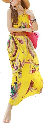 Women's Boho Plus Size Dress Peacock Printed(Yellow,22)