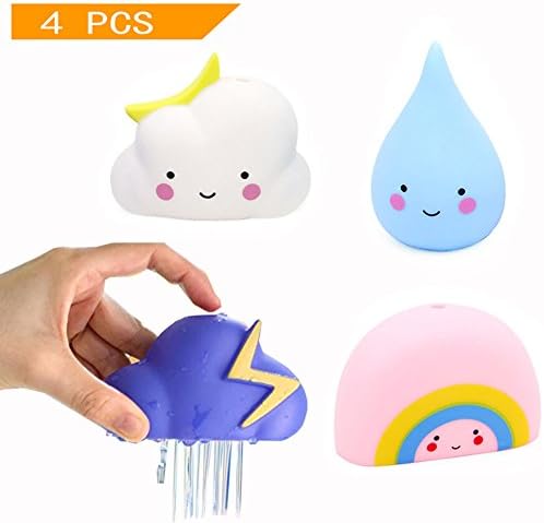 MCpinky Bath Toy Set, Soft Watering Bath Toys Rainbow Water-drop Rain Cloud Toy Baby Hair Wash Tools for Kids Shower Toddlers, 4 Pcs