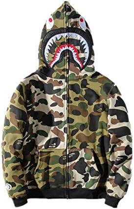 Bape Men's Shark Camouflage Colorblock Plus Velvet Hoodie Zip Cardigan Jacket