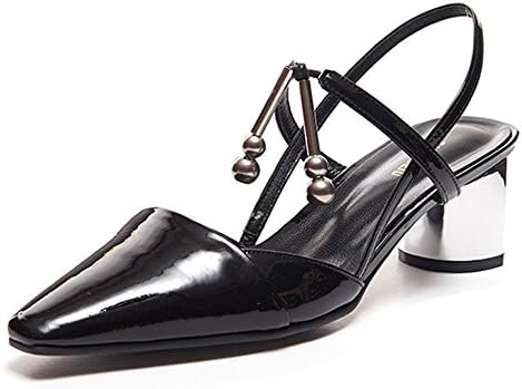 SALONDEJU Genuine Leather Pointed Toe Low Middle Heel Black Sling-Back Sandals Shoes for Women 7 Black