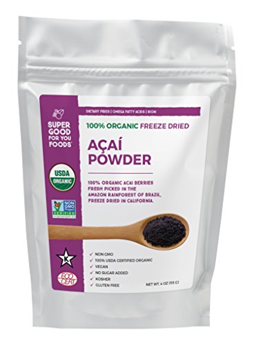 Super Good For You Foods Organic Freeze Dried Acai Berry Powder, Gluten-Free, Non-GMO + Vegan, 4 Ounce Bag