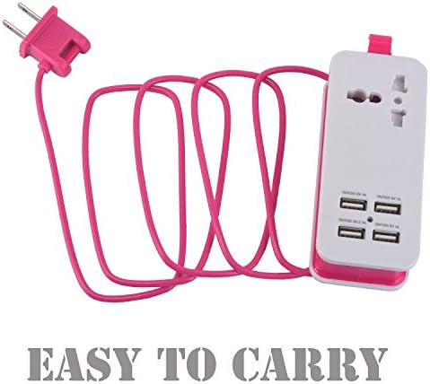 Portable Power Strip Travel Charger with 1 Universal Plugs Wide Range Outlet + 5V 1A/2.1A 4 Port USB Charging Port with 1.5M/5ft Power Supply Cord, Input From 100v-240v Power Sockets (Red Cable)
