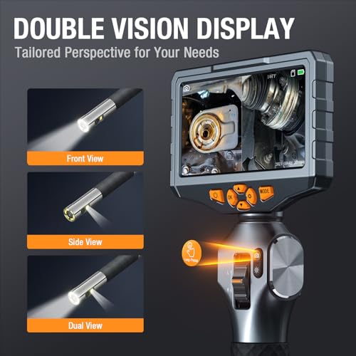 Teslong Articulating Borescope with Dual Lens Endoscope, 5-inch IPS Automotive Inspection Camera with Two-Way Articulation Tip, 6+1 LED Lights, Mechanics Fiber Optic Scope-Dia. 0.25 inch & L 5.0 feet